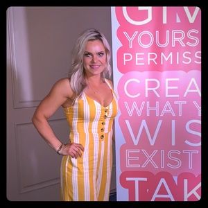 Yellow pin-striped pant romper w/open back detail